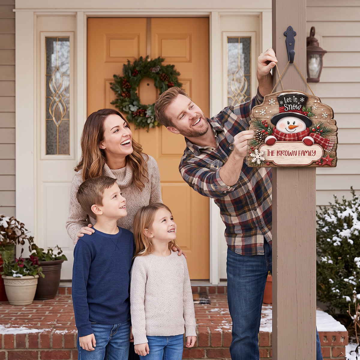 Personalized Snowman Let It Snow Custom Shape Wood Sign, Cute Christmas Door Hanger Custom Family Name Rustic Wooden Plaque, Winter Wall Decor & Holiday Family Gift