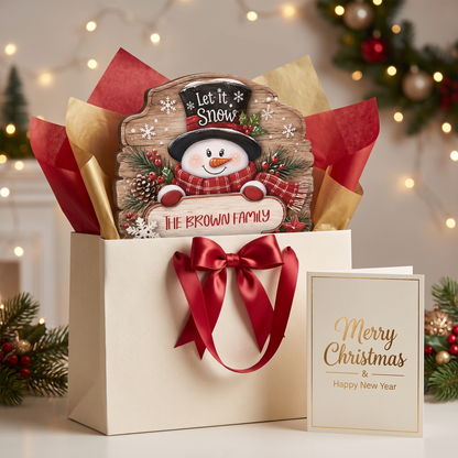 Personalized Snowman Let It Snow Custom Shape Wood Sign, Cute Christmas Door Hanger Custom Family Name Rustic Wooden Plaque, Winter Wall Decor & Holiday Family Gift