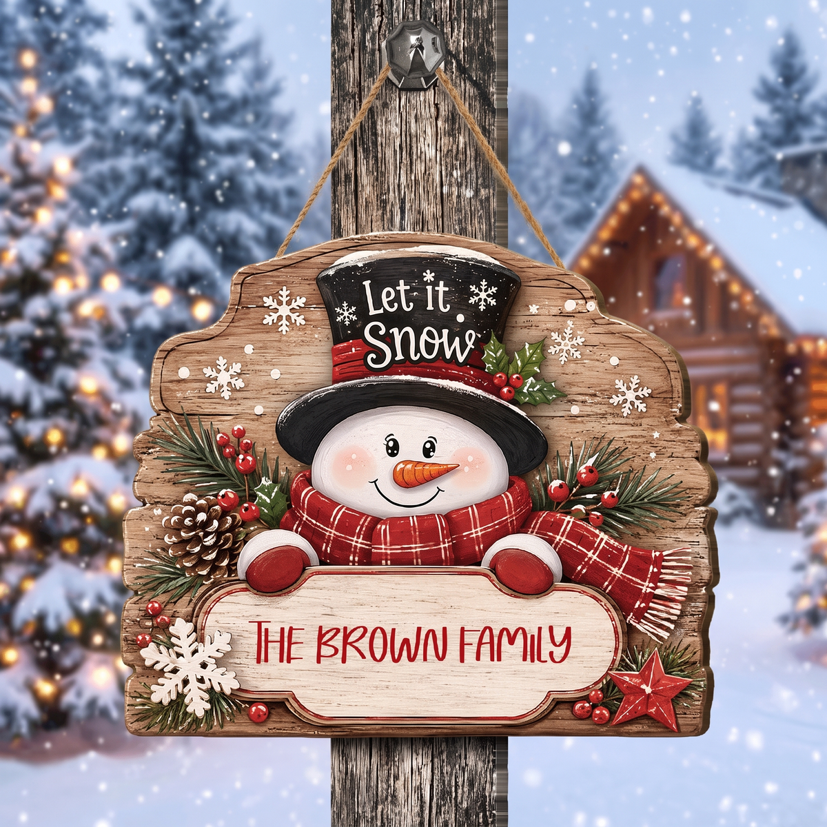 Personalized Snowman Let It Snow Custom Shape Wood Sign, Cute Christmas Door Hanger Custom Family Name Rustic Wooden Plaque, Winter Wall Decor & Holiday Family Gift