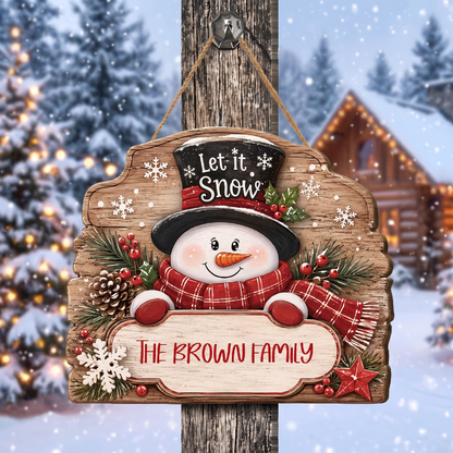 Personalized Snowman Let It Snow Custom Shape Wood Sign, Cute Christmas Door Hanger Custom Family Name Rustic Wooden Plaque, Winter Wall Decor & Holiday Family Gift