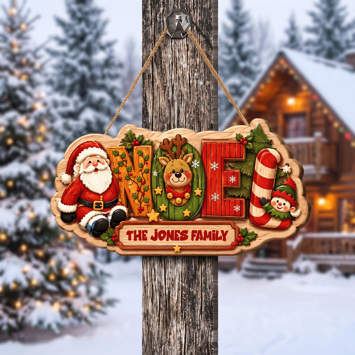Personalized Festive NOEL Christmas Characters Custom Shape Wood Sign, Custom Family Name Santa Reindeer Elf Candy Cane Hanging Wooden Plaque, Holiday Door & Wall Decor Family Gift