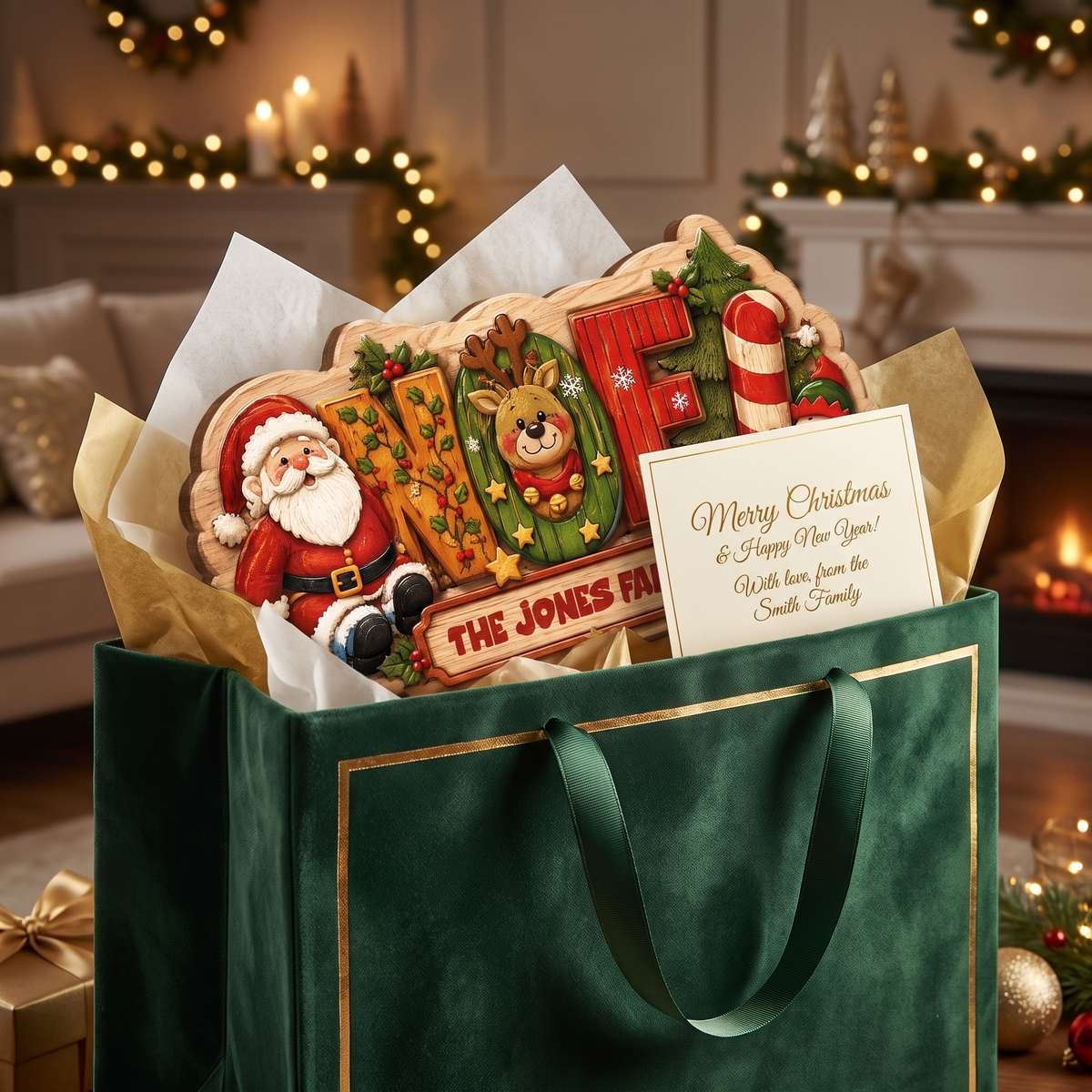 Personalized Festive NOEL Christmas Characters Custom Shape Wood Sign, Custom Family Name Santa Reindeer Elf Candy Cane Hanging Wooden Plaque, Holiday Door & Wall Decor Family Gift