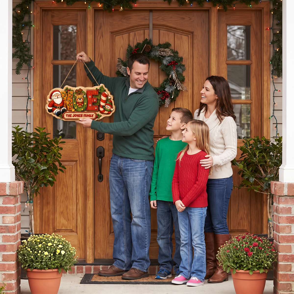 Personalized Festive NOEL Christmas Characters Custom Shape Wood Sign, Custom Family Name Santa Reindeer Elf Candy Cane Hanging Wooden Plaque, Holiday Door & Wall Decor Family Gift