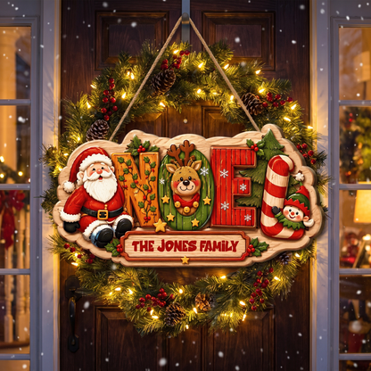 Personalized Festive NOEL Christmas Characters Custom Shape Wood Sign, Custom Family Name Santa Reindeer Elf Candy Cane Hanging Wooden Plaque, Holiday Door & Wall Decor Family Gift