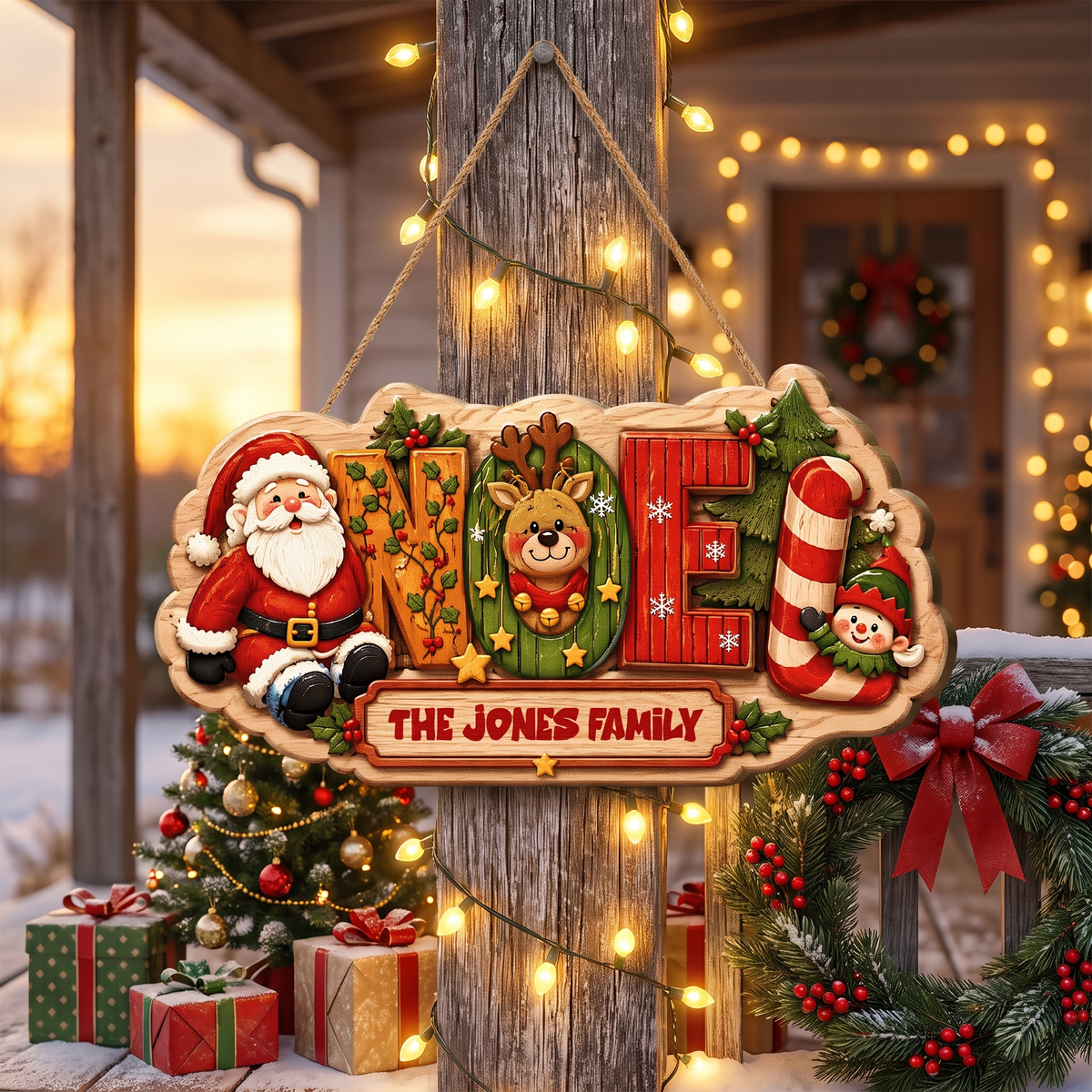Personalized Festive NOEL Christmas Characters Custom Shape Wood Sign, Custom Family Name Santa Reindeer Elf Candy Cane Hanging Wooden Plaque, Holiday Door & Wall Decor Family Gift