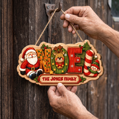 Personalized Festive NOEL Christmas Characters Custom Shape Wood Sign, Custom Family Name Santa Reindeer Elf Candy Cane Hanging Wooden Plaque, Holiday Door & Wall Decor Family Gift