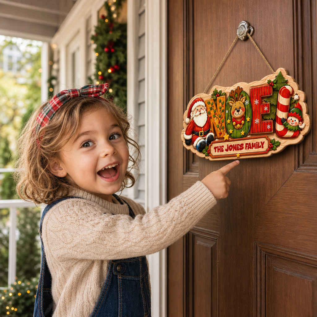Personalized Festive NOEL Christmas Characters Custom Shape Wood Sign, Custom Family Name Santa Reindeer Elf Candy Cane Hanging Wooden Plaque, Holiday Door & Wall Decor Family Gift