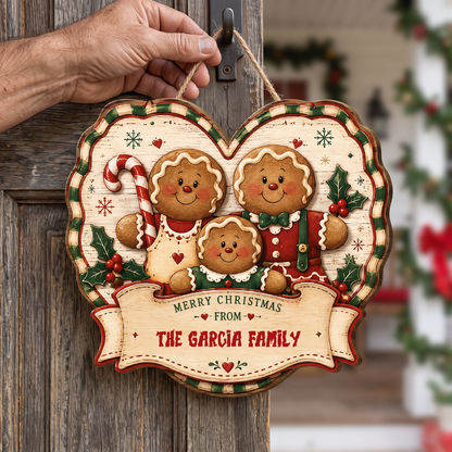 Personalized Gingerbread Family Heart Custom Shape Wood Sign, Custom Family Name Merry Christmas From Hanging Wooden Plaque, Vintage Holiday Door & Wall Decor Family Gift