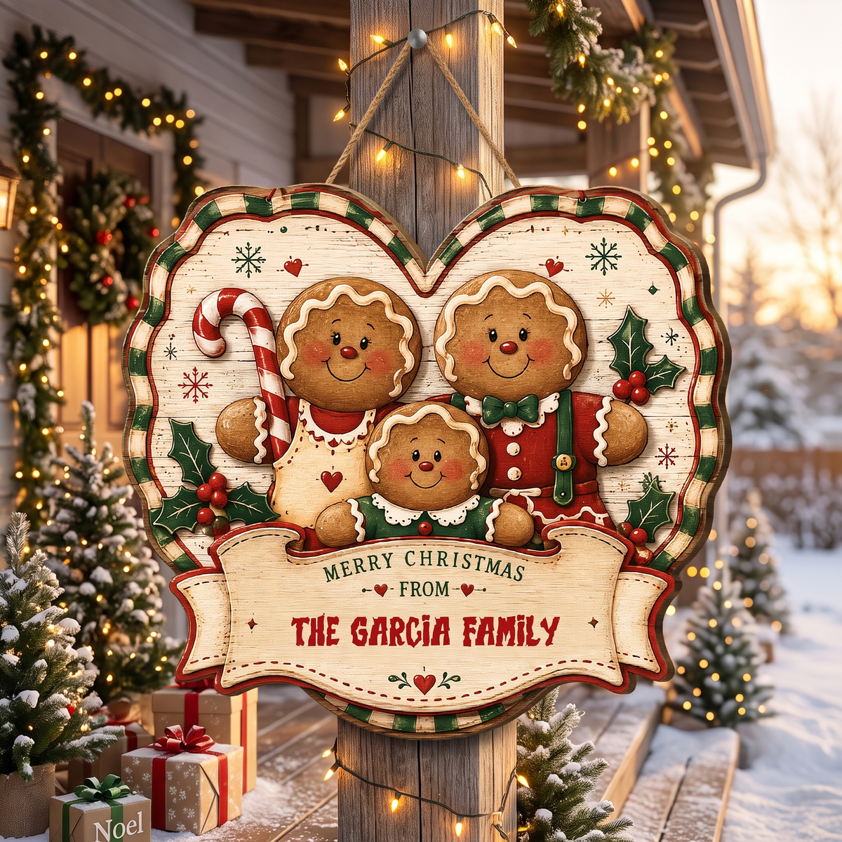 Personalized Gingerbread Family Heart Custom Shape Wood Sign, Custom Family Name Merry Christmas From Hanging Wooden Plaque, Vintage Holiday Door & Wall Decor Family Gift