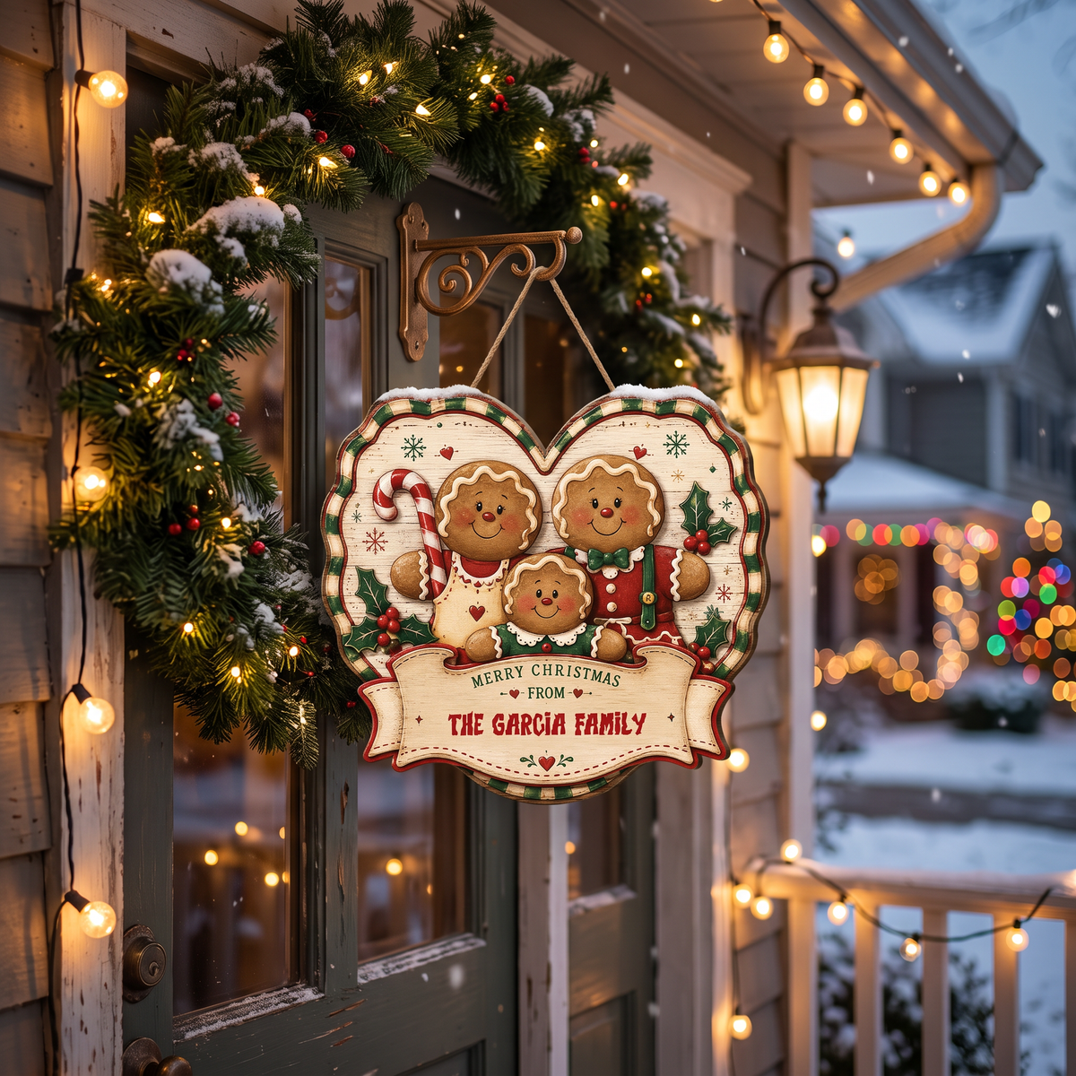 Personalized Gingerbread Family Heart Custom Shape Wood Sign, Custom Family Name Merry Christmas From Hanging Wooden Plaque, Vintage Holiday Door & Wall Decor Family Gift