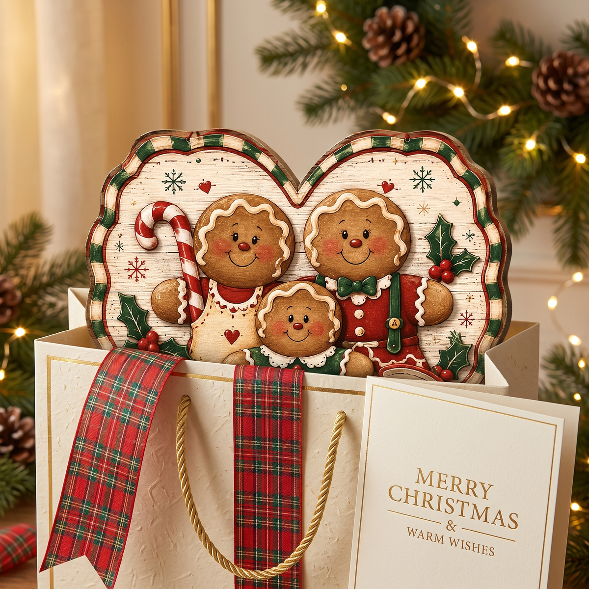 Personalized Gingerbread Family Heart Custom Shape Wood Sign, Custom Family Name Merry Christmas From Hanging Wooden Plaque, Vintage Holiday Door & Wall Decor Family Gift