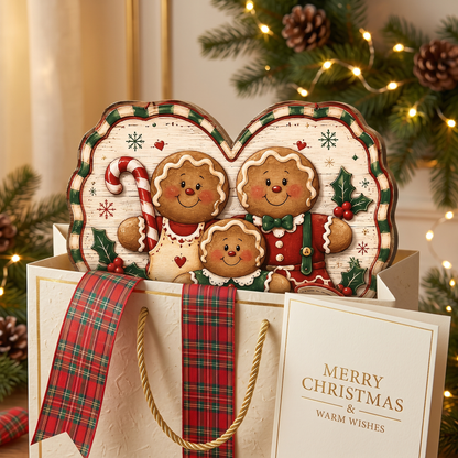 Personalized Gingerbread Family Heart Custom Shape Wood Sign, Custom Family Name Merry Christmas From Hanging Wooden Plaque, Vintage Holiday Door & Wall Decor Family Gift