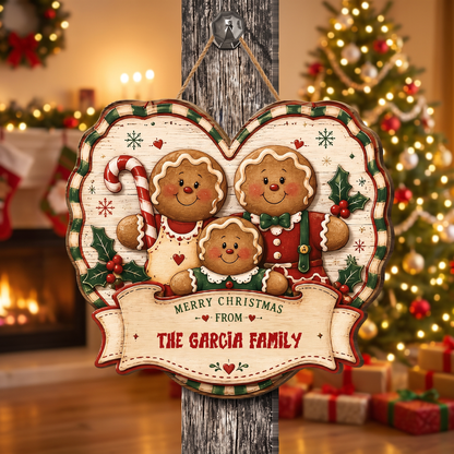 Personalized Gingerbread Family Heart Custom Shape Wood Sign, Custom Family Name Merry Christmas From Hanging Wooden Plaque, Vintage Holiday Door & Wall Decor Family Gift