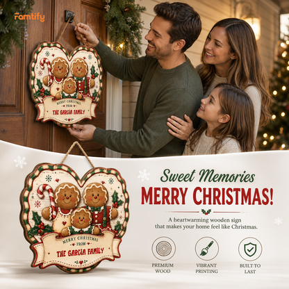 Personalized Gingerbread Family Heart Custom Shape Wood Sign, Custom Family Name Merry Christmas From Hanging Wooden Plaque, Vintage Holiday Door & Wall Decor Family Gift