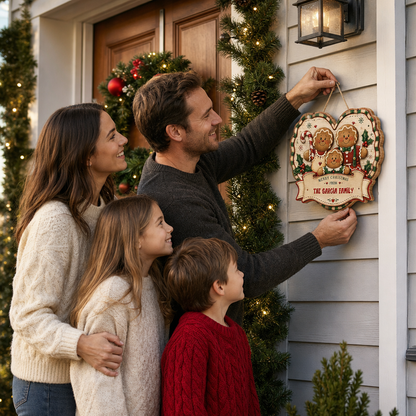 Personalized Gingerbread Family Heart Custom Shape Wood Sign, Custom Family Name Merry Christmas From Hanging Wooden Plaque, Vintage Holiday Door & Wall Decor Family Gift