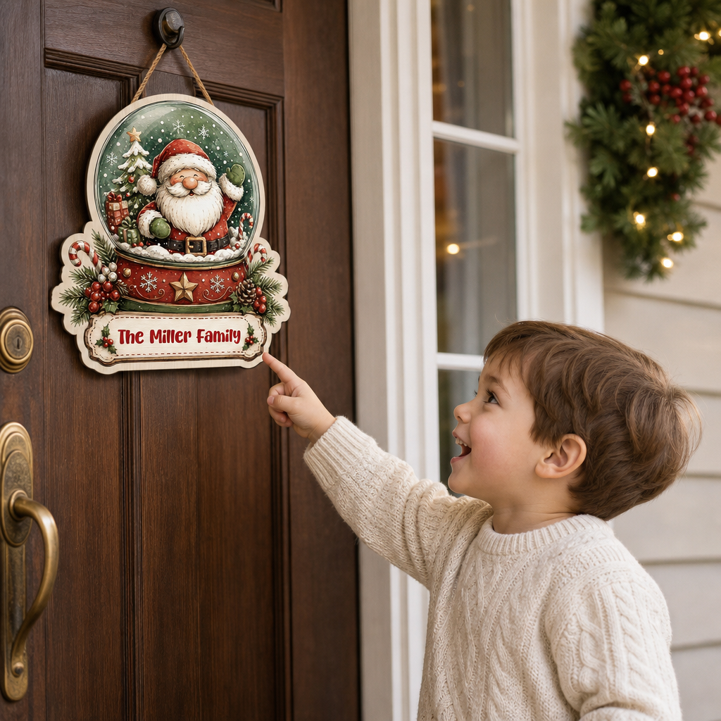 Personalized Santa Snow Globe Custom Shape Wood Sign, Cute Christmas Door Hanger Custom Family Name Waving Santa Claus Hanging Wooden Plaque, Winter Wall Decor & Holiday Family Gift