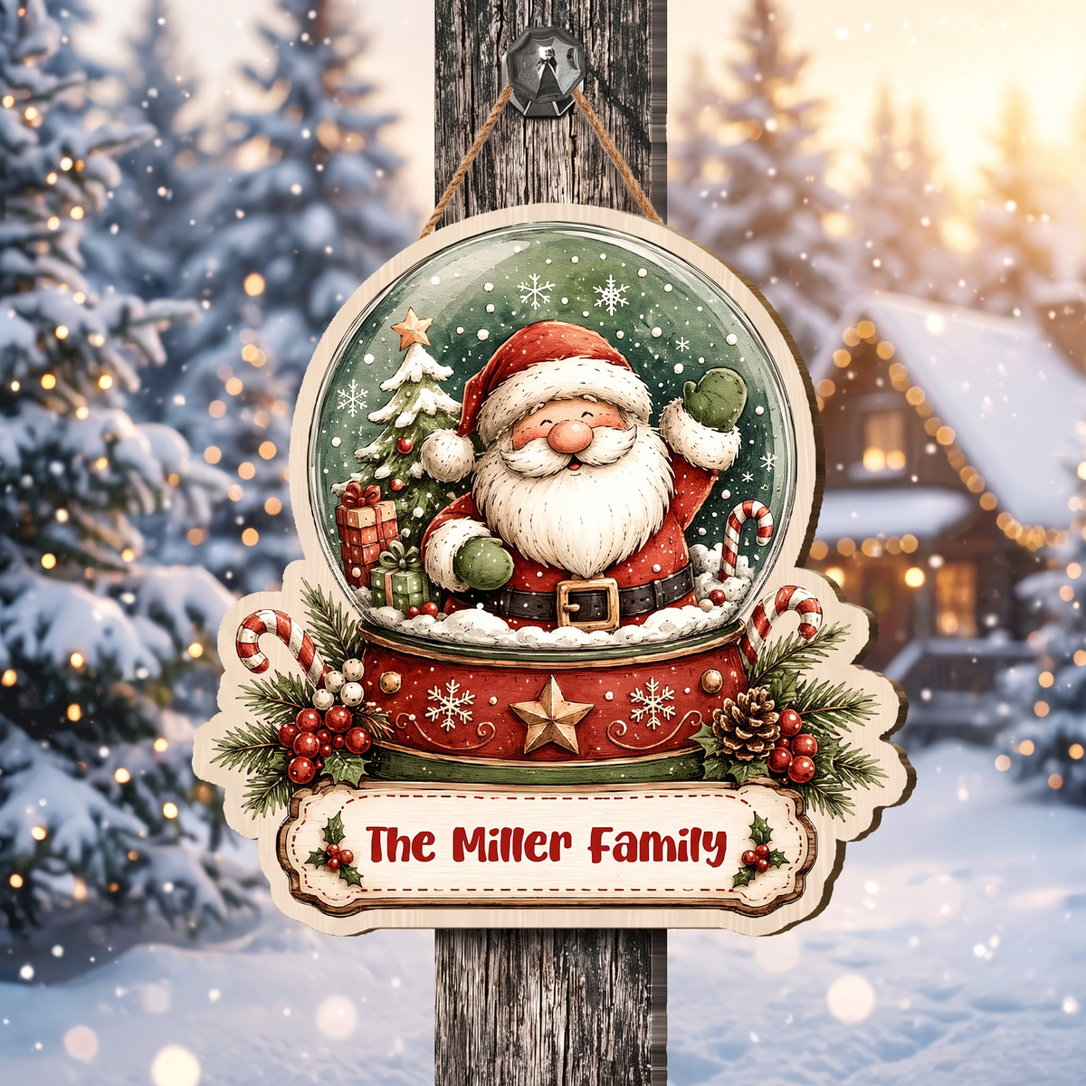 Personalized Santa Snow Globe Custom Shape Wood Sign, Cute Christmas Door Hanger Custom Family Name Waving Santa Claus Hanging Wooden Plaque, Winter Wall Decor & Holiday Family Gift