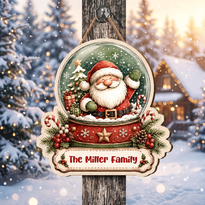 Personalized Santa Snow Globe Custom Shape Wood Sign, Cute Christmas Door Hanger Custom Family Name Waving Santa Claus Hanging Wooden Plaque, Winter Wall Decor & Holiday Family Gift