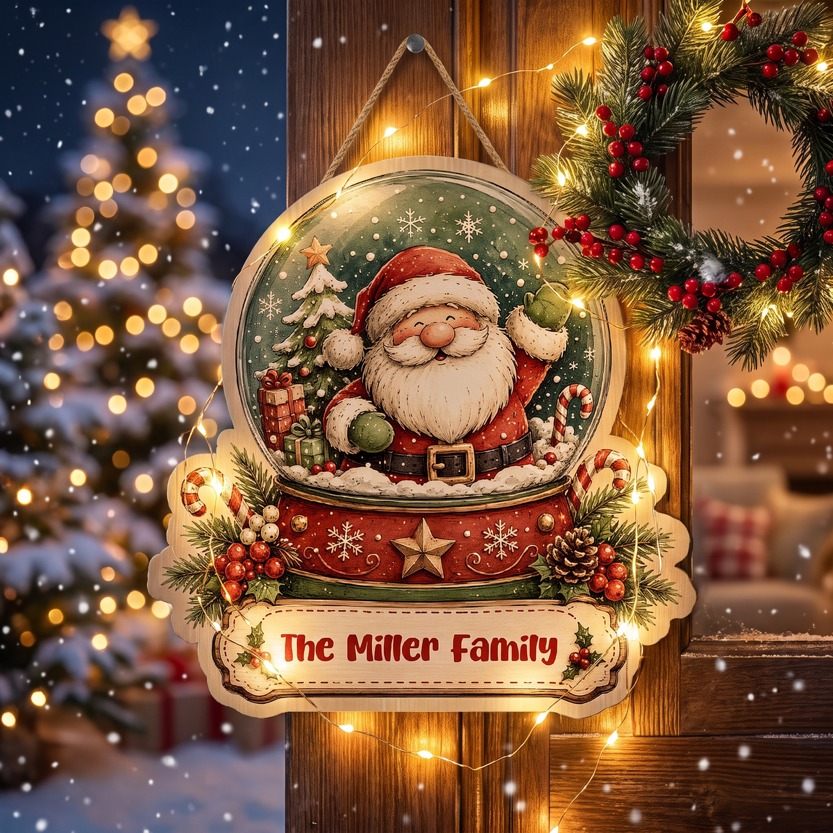 Personalized Santa Snow Globe Custom Shape Wood Sign, Cute Christmas Door Hanger Custom Family Name Waving Santa Claus Hanging Wooden Plaque, Winter Wall Decor & Holiday Family Gift
