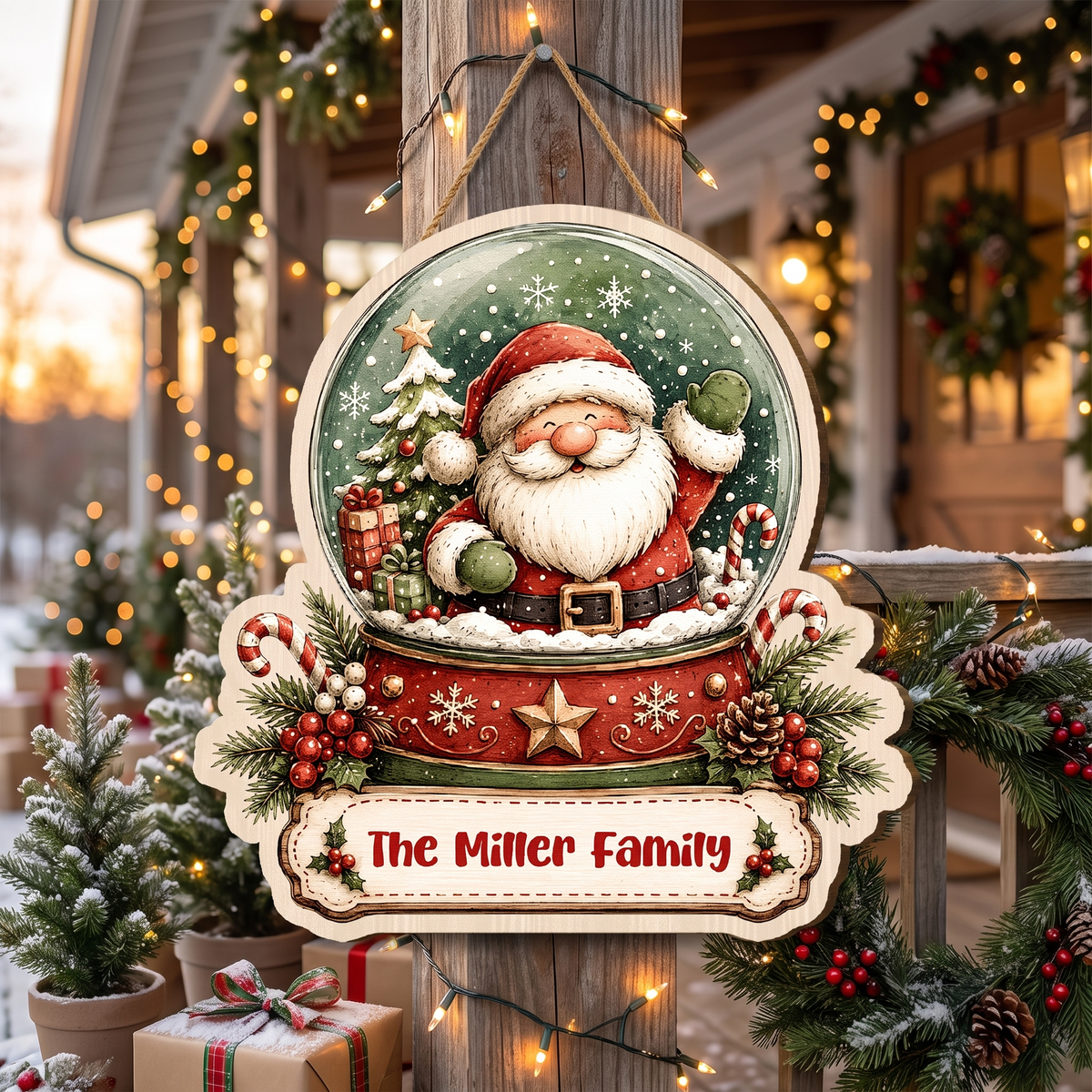 Personalized Santa Snow Globe Custom Shape Wood Sign, Cute Christmas Door Hanger Custom Family Name Waving Santa Claus Hanging Wooden Plaque, Winter Wall Decor & Holiday Family Gift