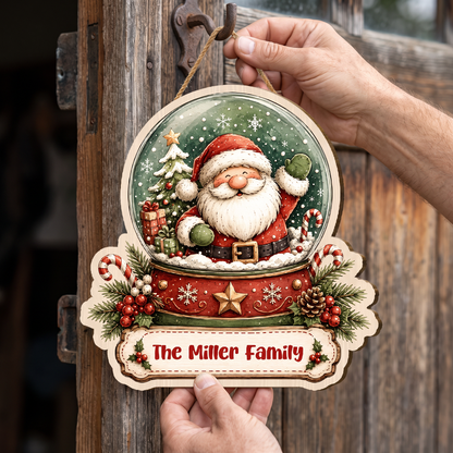 Personalized Santa Snow Globe Custom Shape Wood Sign, Cute Christmas Door Hanger Custom Family Name Waving Santa Claus Hanging Wooden Plaque, Winter Wall Decor & Holiday Family Gift