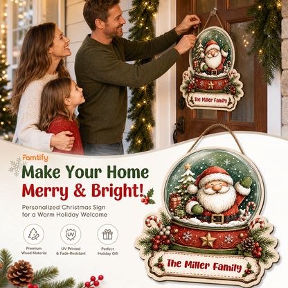 Personalized Santa Snow Globe Custom Shape Wood Sign, Cute Christmas Door Hanger Custom Family Name Waving Santa Claus Hanging Wooden Plaque, Winter Wall Decor & Holiday Family Gift