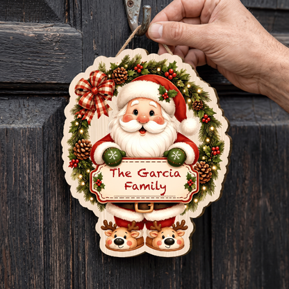 Personalized Santa Wreath Reindeer Slippers Custom Shape Wood Sign, Cute Christmas Door Hanger Custom Family Name Holding Plaque Wooden Sign, Holiday Wall Decor & Family Gift