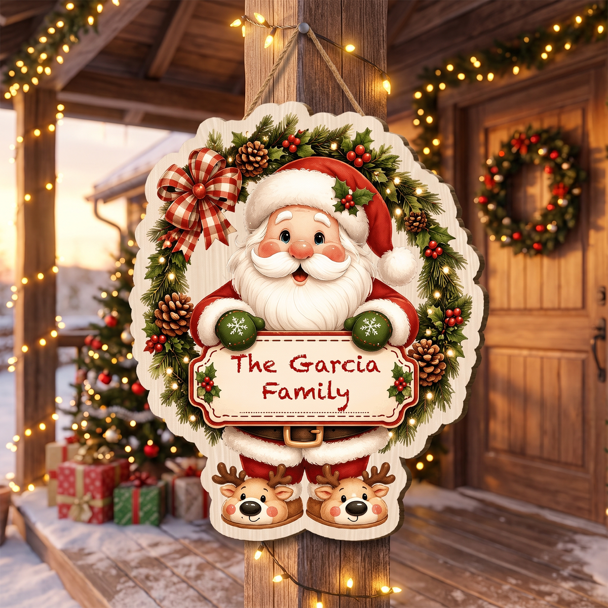 Personalized Santa Wreath Reindeer Slippers Custom Shape Wood Sign, Cute Christmas Door Hanger Custom Family Name Holding Plaque Wooden Sign, Holiday Wall Decor & Family Gift