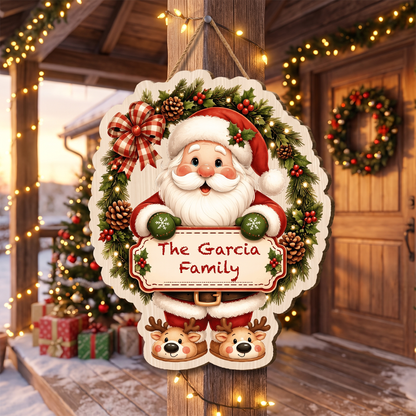 Personalized Santa Wreath Reindeer Slippers Custom Shape Wood Sign, Cute Christmas Door Hanger Custom Family Name Holding Plaque Wooden Sign, Holiday Wall Decor & Family Gift