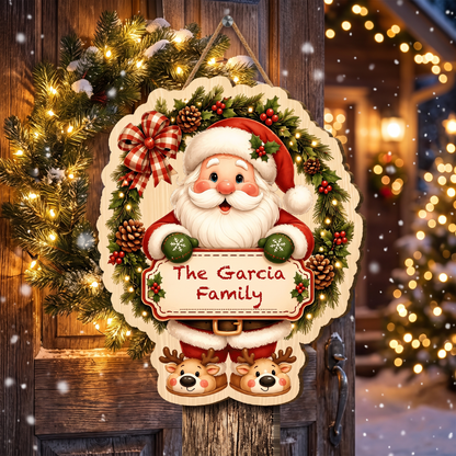 Personalized Santa Wreath Reindeer Slippers Custom Shape Wood Sign, Cute Christmas Door Hanger Custom Family Name Holding Plaque Wooden Sign, Holiday Wall Decor & Family Gift