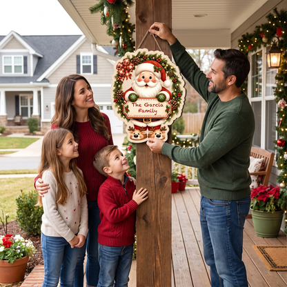 Personalized Santa Wreath Reindeer Slippers Custom Shape Wood Sign, Cute Christmas Door Hanger Custom Family Name Holding Plaque Wooden Sign, Holiday Wall Decor & Family Gift
