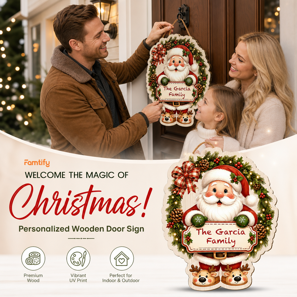 Personalized Santa Wreath Reindeer Slippers Custom Shape Wood Sign, Cute Christmas Door Hanger Custom Family Name Holding Plaque Wooden Sign, Holiday Wall Decor & Family Gift