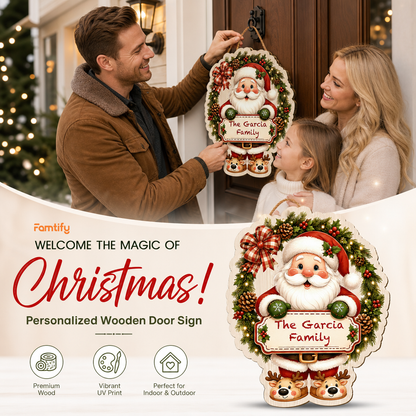 Personalized Santa Wreath Reindeer Slippers Custom Shape Wood Sign, Cute Christmas Door Hanger Custom Family Name Holding Plaque Wooden Sign, Holiday Wall Decor & Family Gift