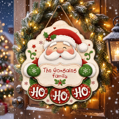 Personalized Smiling Santa Ho Ho Ho Custom Shape Wood Sign, Cute Christmas Door Hanger Custom Family Name Green Mittens Holding Plaque Wooden Sign, Holiday Wall Decor & Family Gift