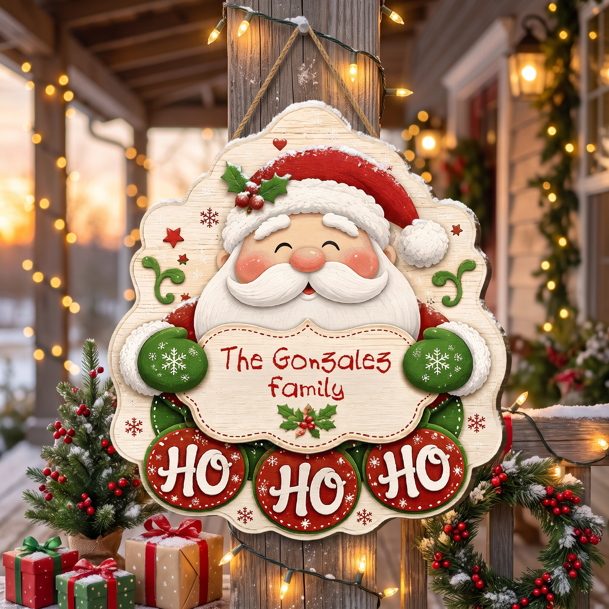 Personalized Smiling Santa Ho Ho Ho Custom Shape Wood Sign, Cute Christmas Door Hanger Custom Family Name Green Mittens Holding Plaque Wooden Sign, Holiday Wall Decor & Family Gift