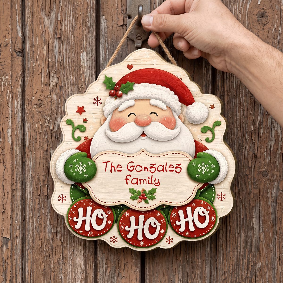 Personalized Smiling Santa Ho Ho Ho Custom Shape Wood Sign, Cute Christmas Door Hanger Custom Family Name Green Mittens Holding Plaque Wooden Sign, Holiday Wall Decor & Family Gift