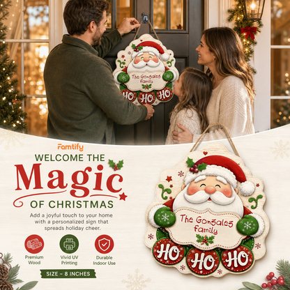 Personalized Smiling Santa Ho Ho Ho Custom Shape Wood Sign, Cute Christmas Door Hanger Custom Family Name Green Mittens Holding Plaque Wooden Sign, Holiday Wall Decor & Family Gift