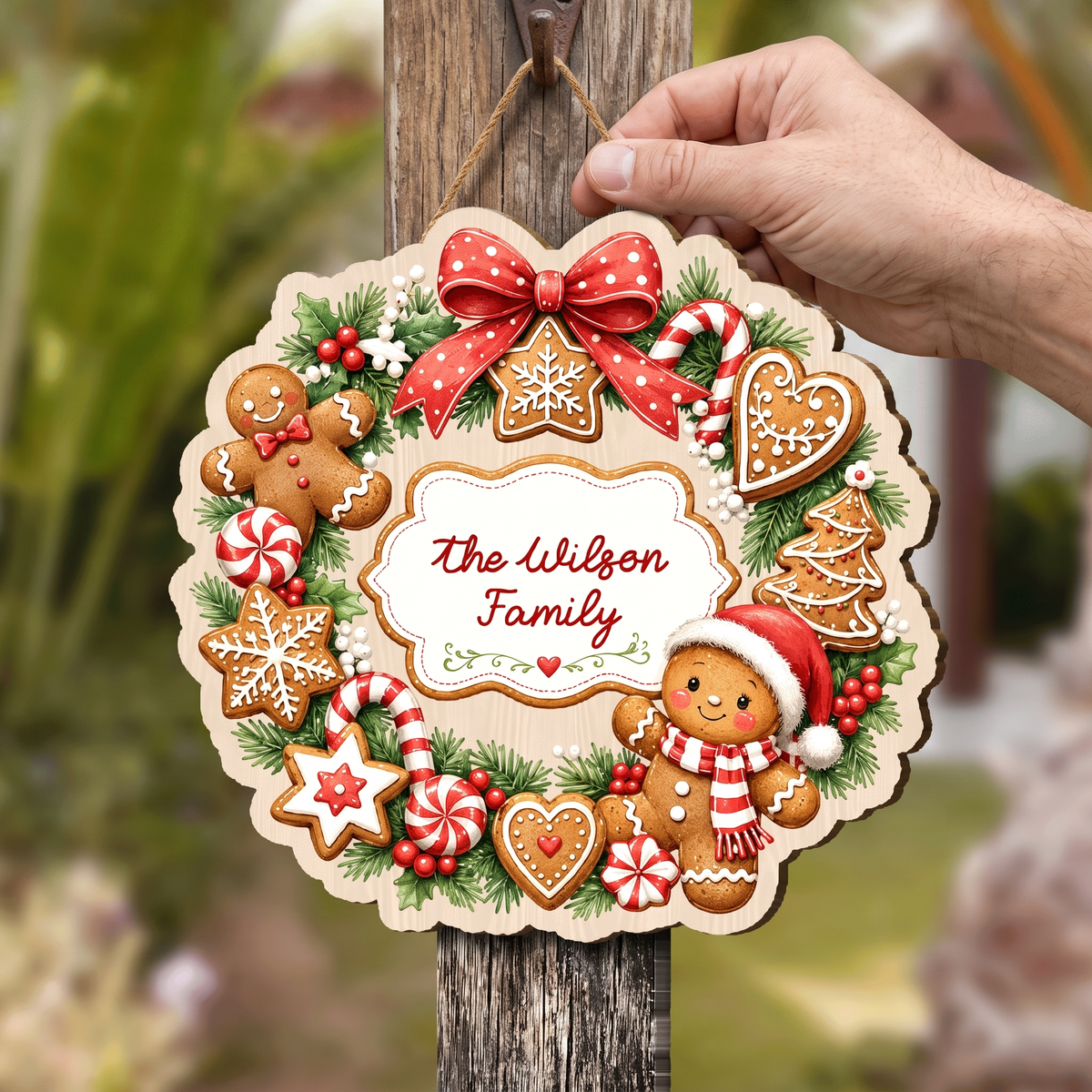 Personalized Gingerbread Wreath Custom Shape Wood Sign, Cute Christmas Door Hanger Custom Family Name Gingerbread Man & Cookie Wreath Wooden Plaque, Holiday Wall Decor & Family Gift