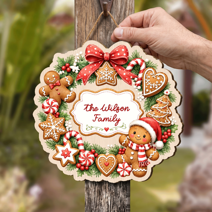 Personalized Gingerbread Wreath Custom Shape Wood Sign, Cute Christmas Door Hanger Custom Family Name Gingerbread Man & Cookie Wreath Wooden Plaque, Holiday Wall Decor & Family Gift