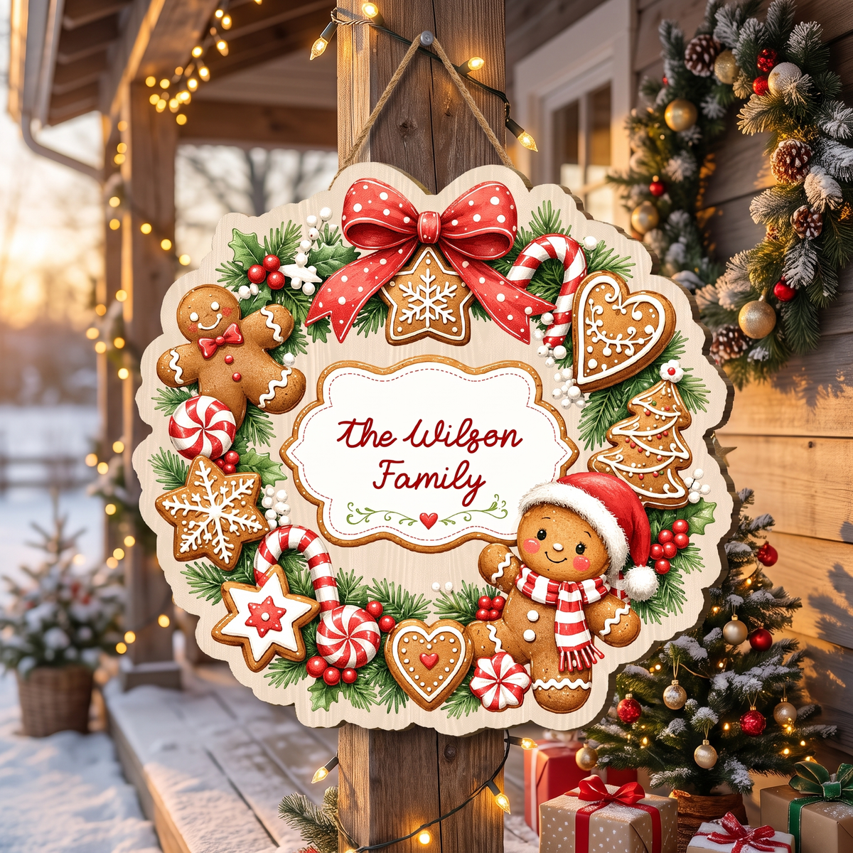 Personalized Gingerbread Wreath Custom Shape Wood Sign, Cute Christmas Door Hanger Custom Family Name Gingerbread Man & Cookie Wreath Wooden Plaque, Holiday Wall Decor & Family Gift