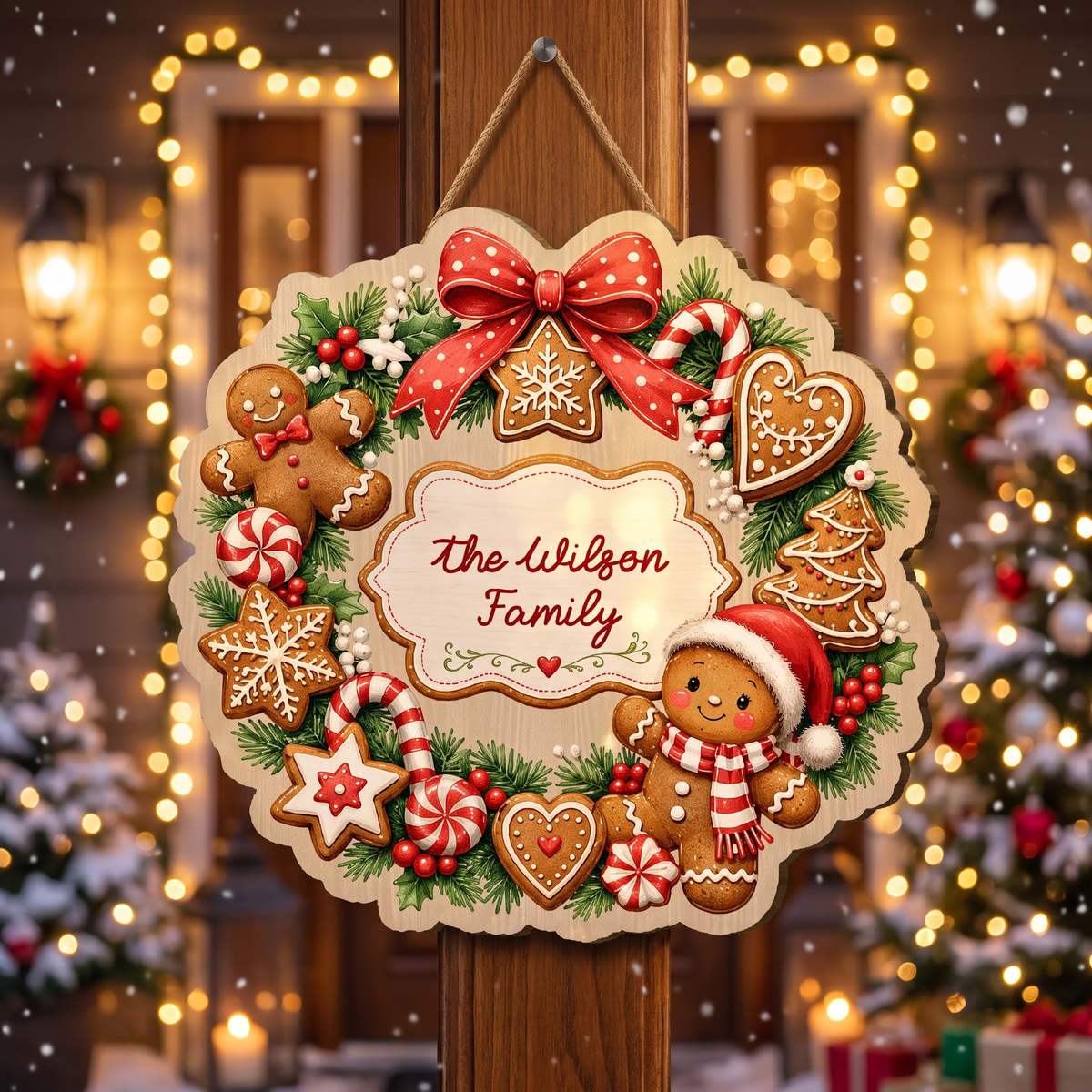 Personalized Gingerbread Wreath Custom Shape Wood Sign, Cute Christmas Door Hanger Custom Family Name Gingerbread Man & Cookie Wreath Wooden Plaque, Holiday Wall Decor & Family Gift