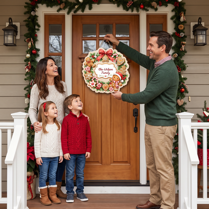 Personalized Gingerbread Wreath Custom Shape Wood Sign, Cute Christmas Door Hanger Custom Family Name Gingerbread Man & Cookie Wreath Wooden Plaque, Holiday Wall Decor & Family Gift