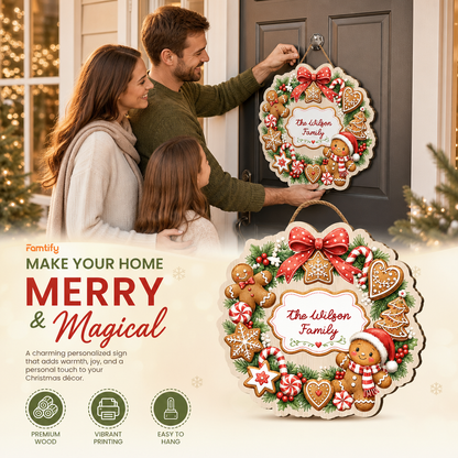 Personalized Gingerbread Wreath Custom Shape Wood Sign, Cute Christmas Door Hanger Custom Family Name Gingerbread Man & Cookie Wreath Wooden Plaque, Holiday Wall Decor & Family Gift