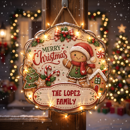 Personalized Gingerbread Merry Christmas Custom Shape Wood Sign, Cute Christmas Door Hanger Custom Family Name Gingerbread Man & House Wooden Plaque, Holiday Wall Decor & Family Gift