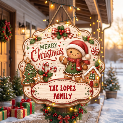 Personalized Gingerbread Merry Christmas Custom Shape Wood Sign, Cute Christmas Door Hanger Custom Family Name Gingerbread Man & House Wooden Plaque, Holiday Wall Decor & Family Gift