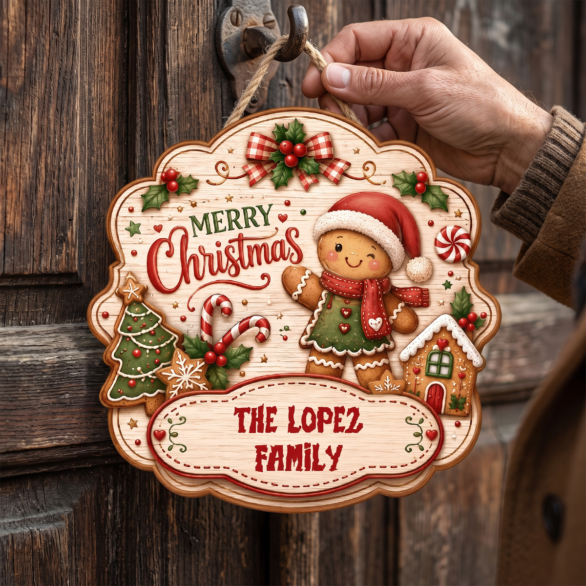 Personalized Gingerbread Merry Christmas Custom Shape Wood Sign, Cute Christmas Door Hanger Custom Family Name Gingerbread Man & House Wooden Plaque, Holiday Wall Decor & Family Gift