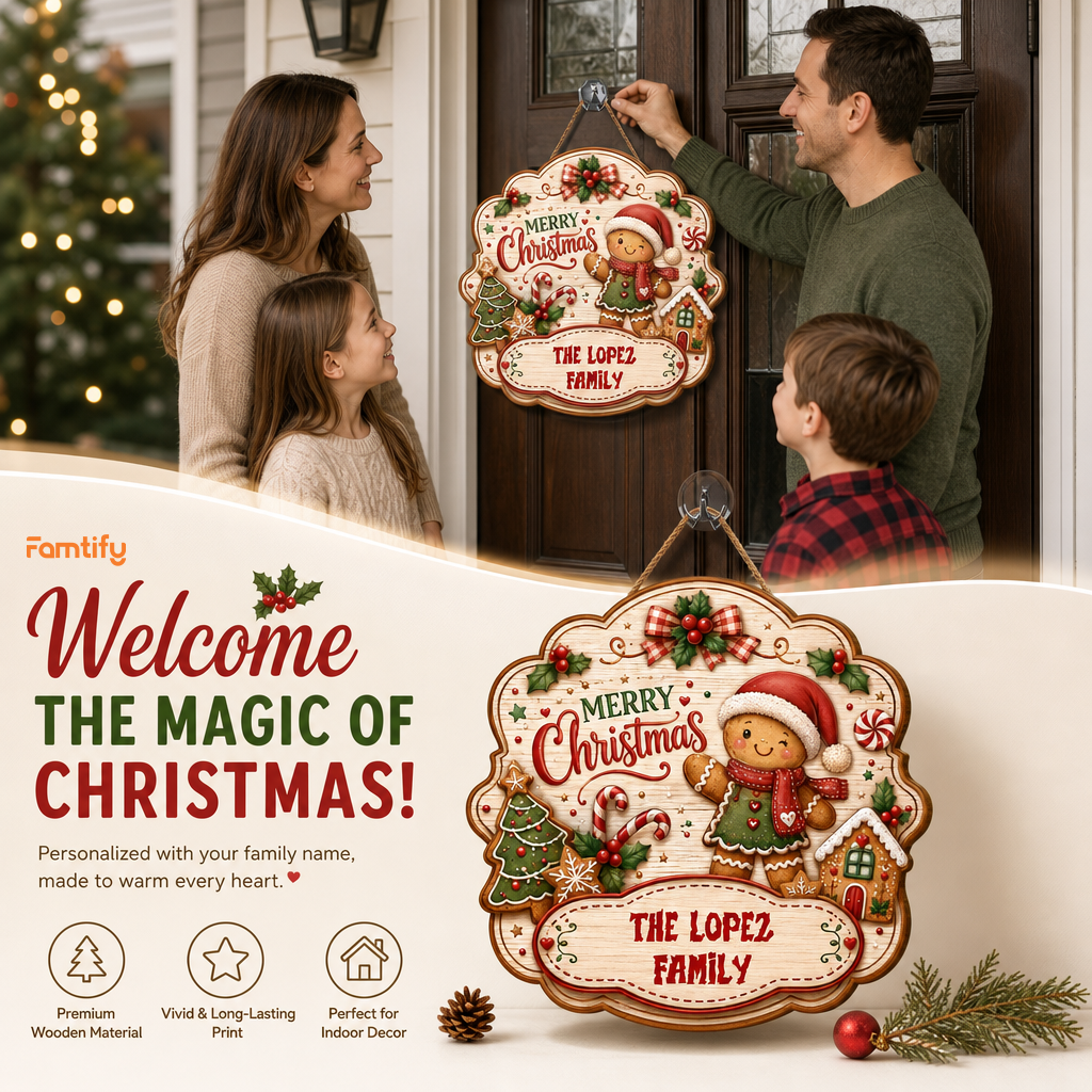 Personalized Gingerbread Merry Christmas Custom Shape Wood Sign, Cute Christmas Door Hanger Custom Family Name Gingerbread Man & House Wooden Plaque, Holiday Wall Decor & Family Gift