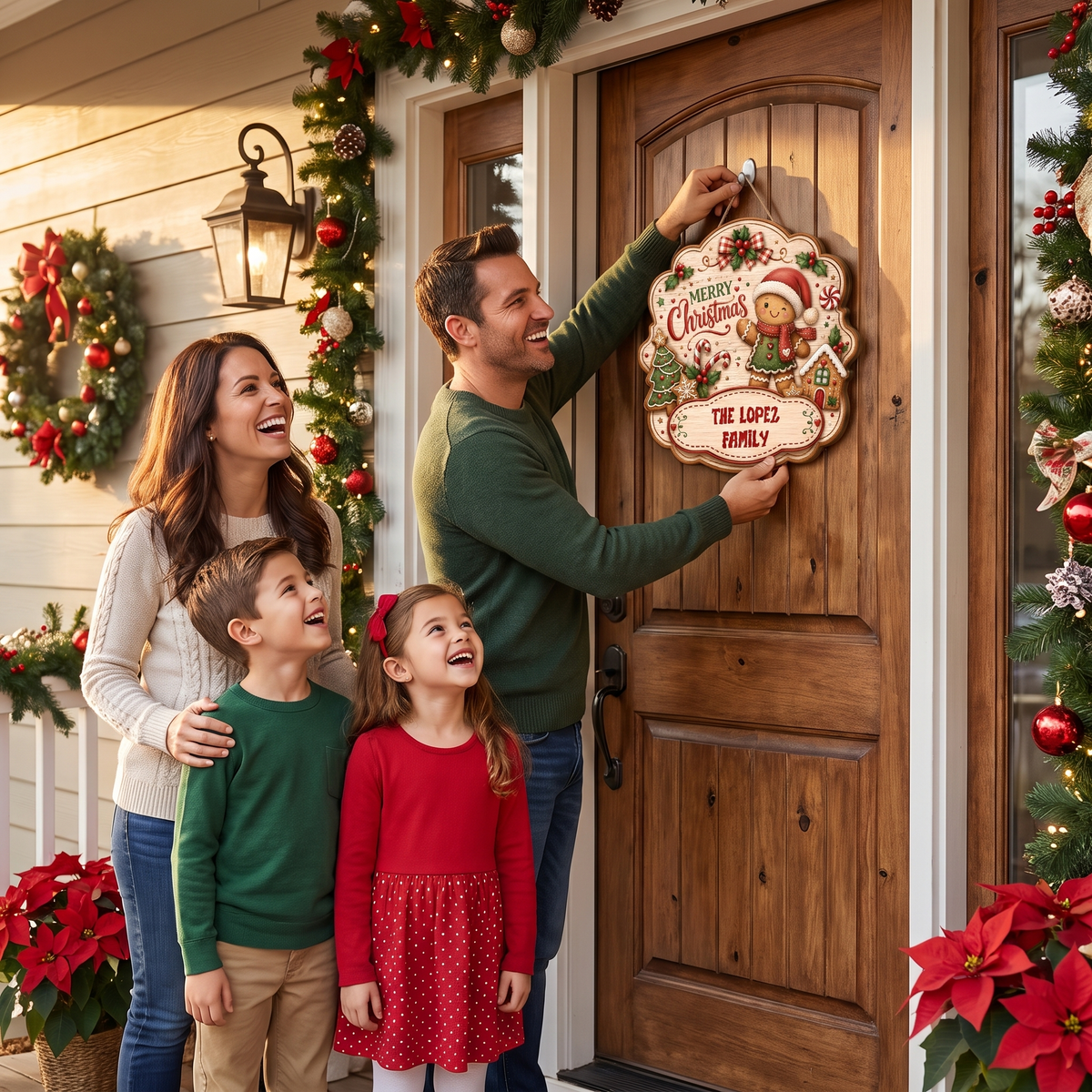Personalized Gingerbread Merry Christmas Custom Shape Wood Sign, Cute Christmas Door Hanger Custom Family Name Gingerbread Man & House Wooden Plaque, Holiday Wall Decor & Family Gift