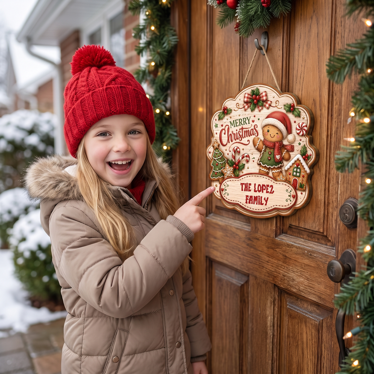 Personalized Gingerbread Merry Christmas Custom Shape Wood Sign, Cute Christmas Door Hanger Custom Family Name Gingerbread Man & House Wooden Plaque, Holiday Wall Decor & Family Gift