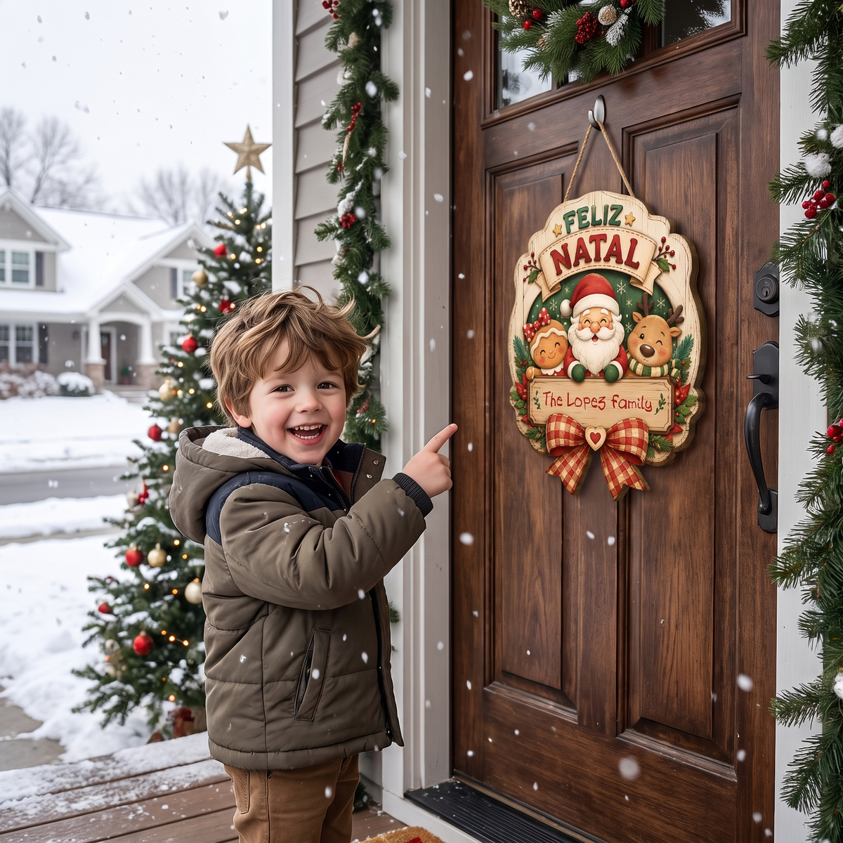 Personalized Feliz Natal Santa Gingerbread Reindeer Custom Shape Wood Sign, Custom Family Name Merry Christmas Hanging Wooden Plaque, Holiday Door & Wall Decor Family Gift